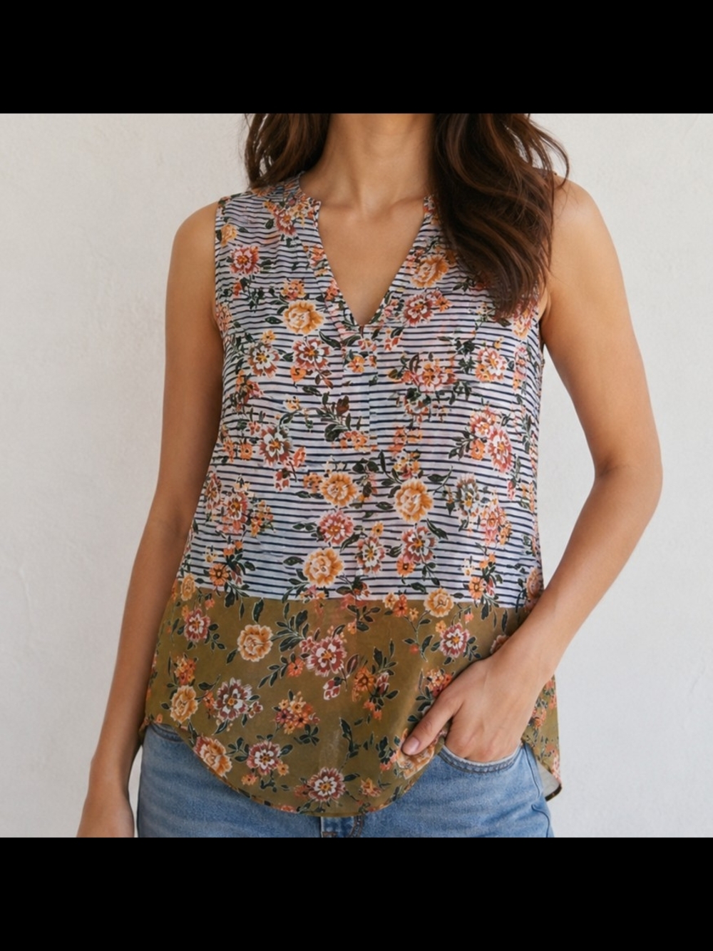 Cabi Floral Sleeveless Blouse XS Striped Sheer Layered Tank Top Boho Cottagecore